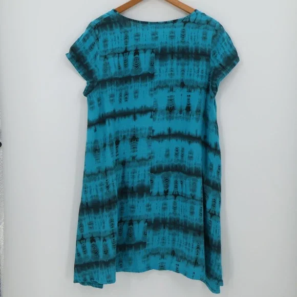 Bryn Walker Teal Black Tie‎ Dye Linen Tunic Dress Lagenlook Boho USA Size S - Picture 5 of 9